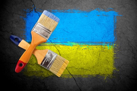 Flag Of Ukraine. Chalk Drawing On Sidewalk. Support For Ukraine.