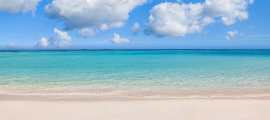 Perfect tropical beach landscape. Vacation holidays background. Sea view from tropical beach with sunny sky. Summer paradise beach website design. Tropical shore. Tropical sea in Maldives. Exotic