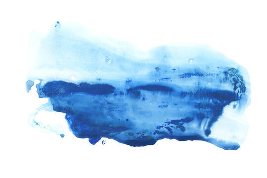 Abstract watercolor and acrylic flow blot smear painting. Blue landscape. Color canvas monotype texture horizontal background.