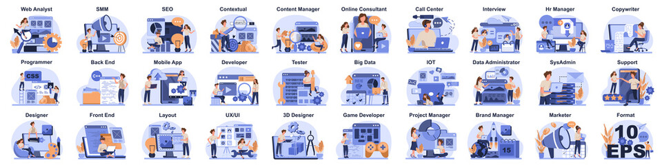Big IT profession set. Programmer write software and create code for computer. Coding script for project and app. Digital technology for website, interface and devices. Vector illustration.