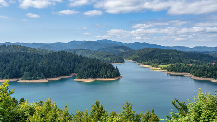 Gorski Kotar, Croatia - August 25, 2021: Panoramic view of the Lake Lokve from a viewpoint on the D3 state road.