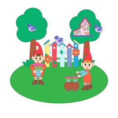 Obraz na płótnie Canvas Garden gnomes with flowers, a wheelbarrow against the background of a fence and trees with a birdhouse and birds. Vector cartoon flat illustration. 