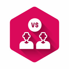 White Football or soccer player icon isolated with long shadow background. Pink hexagon button. Vector