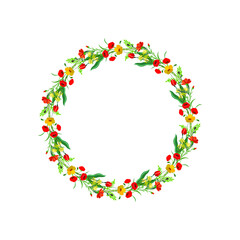 Wreath of tansy, poppies and tulips, wildflowers. Can be used as postcards and invitations. Decorative elements.

