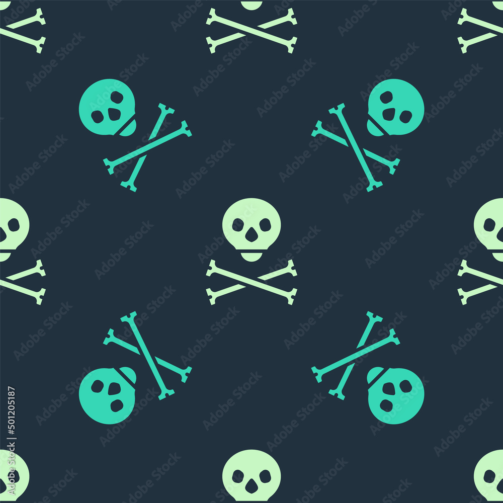 Sticker Green and beige Skull on crossbones icon isolated seamless pattern on blue background. Happy Halloween party. Vector