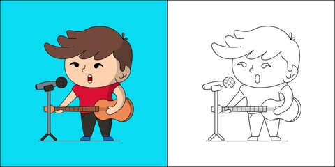 Cute boy singing while playing guitar suitable for children's coloring page vector illustration