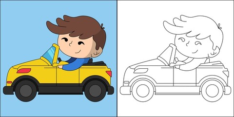 Cute boy driving a car suitable for children's coloring page vector illustration