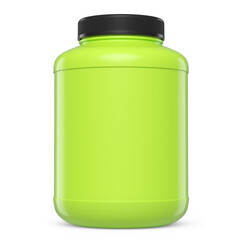 Green plastic jar for sport nutrition whey protein powder isolated on white