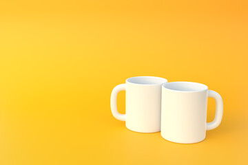 Two white ceramic cup or empty mug for coffee, drink or tea on yellow background. Minimal concept. 3D Rendering 3D Illustration