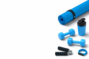 Isometric view of sport equipment like yoga mat, dumbbell and smart watches