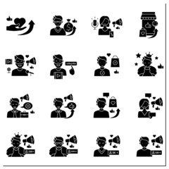 Influencer glyph icons set.Share information, knowledge, thoughts on audiences. Influencer advertising, marketing, sponsorship.Blogging.Filled flat sign. Isolated silhouette vector illustration