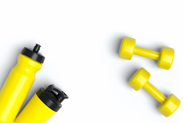 Isometric view of sport equipment like water bottle and dumbbell on white