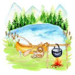 Watercolor Summer camping landscape, lake, campfire, boat, fishing rod, forest, mountains. Sport camp adventures in nature, hiking, trekking vacation tourism isolated illustration on white background