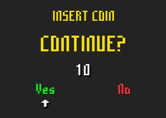 Requesting to insert a coin to continue playing, after a game over screen, with an arrow pointing at a green yes (positive answer). 8 bit retro style.
