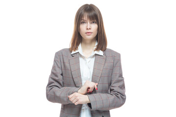 Portrait of a young woman in a jacket. Concept of a successful young business lady. Isolated on white background.