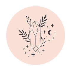 Mystical, esoteric or healing crystals with flowers, leaves. Linear art. Editable strocks. Vector illustration
