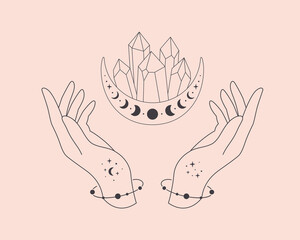 Hands with celestial mystical symbols. Mystical, esoteric or healing crystal. Linear art. Editable strokes. Vector illustration