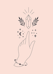 Hand with celestial mystical symbols. Mystical, esoteric or healing crystal with leaves. Linear art. Editable strokes. Vector illustration