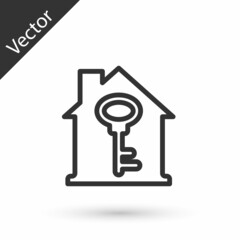 Grey line House with key icon isolated on white background. The concept of the house turnkey. Vector