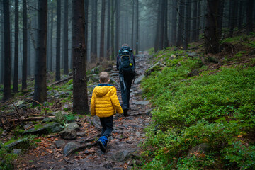 Obraz premium Mum and her little son go on a mountain trail in wet autumn weather.