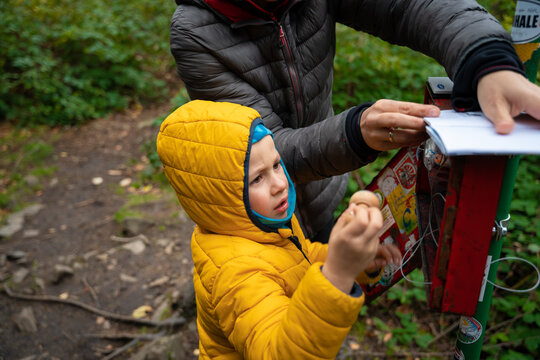 The child, with the help of his mother, stamps the tourist book with decorative stamps after reaching the mountain peak.