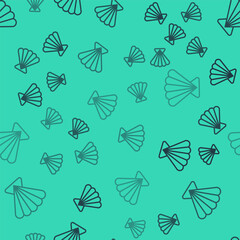 Black line Scallop sea shell icon isolated seamless pattern on green background. Seashell sign. Vector.