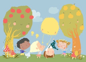 Obraz na płótnie Canvas Cartoon Happy Children enjoying Summer in the Park