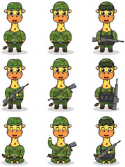 Vector illustrations of cute Giraffe as Soldier. Cute army set. flat cartoon character design.