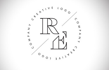 Fototapeta Outline RE r e letter logo with cut and intersected design and round frame. obraz