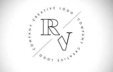 Outline RV r v letter logo with cut and intersected design and round frame.