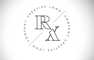 Outline RX r x letter logo with cut and intersected design and round frame.