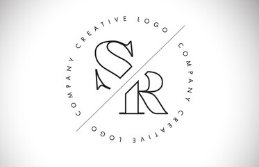 Outline SR s r letter logo with cut and intersected design and round frame.
