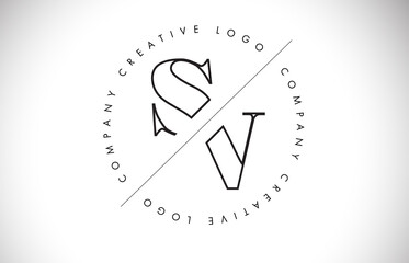 Outline SV s v letter logo with cut and intersected design and round frame.