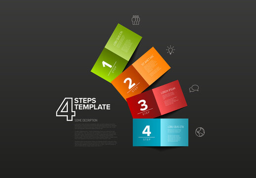 Four Simple Colorful Folded Paper Steps Process Infographic Template on Dark Background
