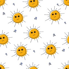 Colorful seamless summer pattern with hand-drawn elements such as the sun and bubbles. Fashion print design, vector illustration
