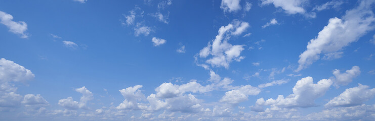Cloud sky panorame with floofy clouds and blue sky