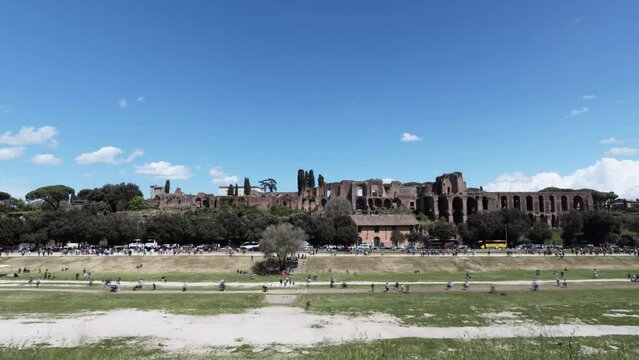 Time lapse of the Circus Maximus in Rome and, in the background, the remains of the imperial palaces on the Palatine Hill.
