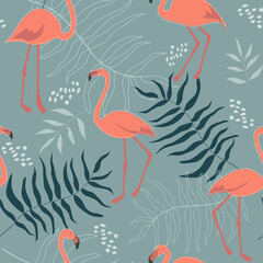 Seamless pattern with flamingos, tropical palm leaves, monstera. Summer abstract ornament. Vector graphics.