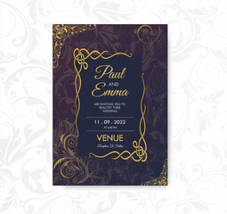Vintage Wedding Invitation Template Dark Luxury Modern Gold Decoration, Celebration, Ceremony, Reception, Marriage