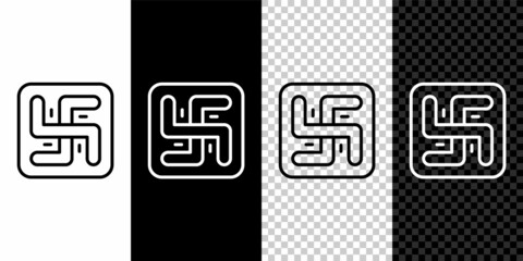 Set line Hindu swastika religious symbol icon isolated on black and white background. Vector
