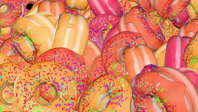 4K Abstract animated Loop background of sprinkles sweet donuts, chocolate and white frosting doughnuts, tasty unhealthy dessert , 3d render art, donut national day, gourmet Food, health, fast food