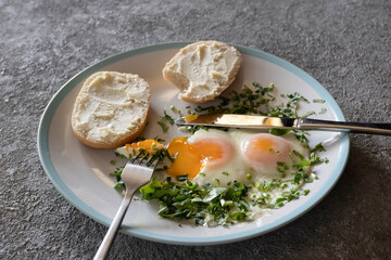 Fried eggs with greens close-up, healthy breakfast