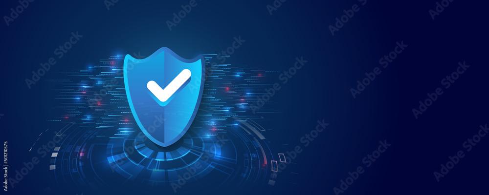 Poster Cyber security and data protection. Shield icon, future technology for verification. Abstract high tech background. Data security system, information, or network protection.