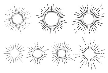 Set of seven vintage sunburst, sun rays, sunbeams, vector design elements for your design