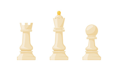 White queen, pawn, rook chess pieces set. Intellectual strategic board game vector illustration