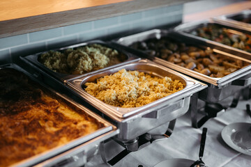 Rice in a silver tray at a wedding buffet