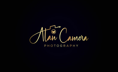 Photography Typography Signature Logo of the photographer. camera shutter. The abstract symbol for a Photo Studio in a simple minimalistic style. Vector logo template for a wedding photographer - obrazy, fototapety, plakaty