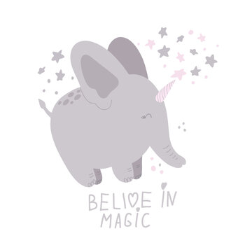 Cute magical elephant illustration on white background. Kids clipart for print, poster, sublimation, baby shower, birthday greeting card