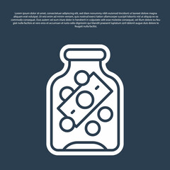 Blue line Glass money jar with coin icon isolated on blue background. Icon saving or accumulation of money, investment. Vector
