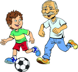 Obraz premium Grandfather with grandson playing football. Color vector illustration of Cheerful Grandfather and his grandson playing football. 